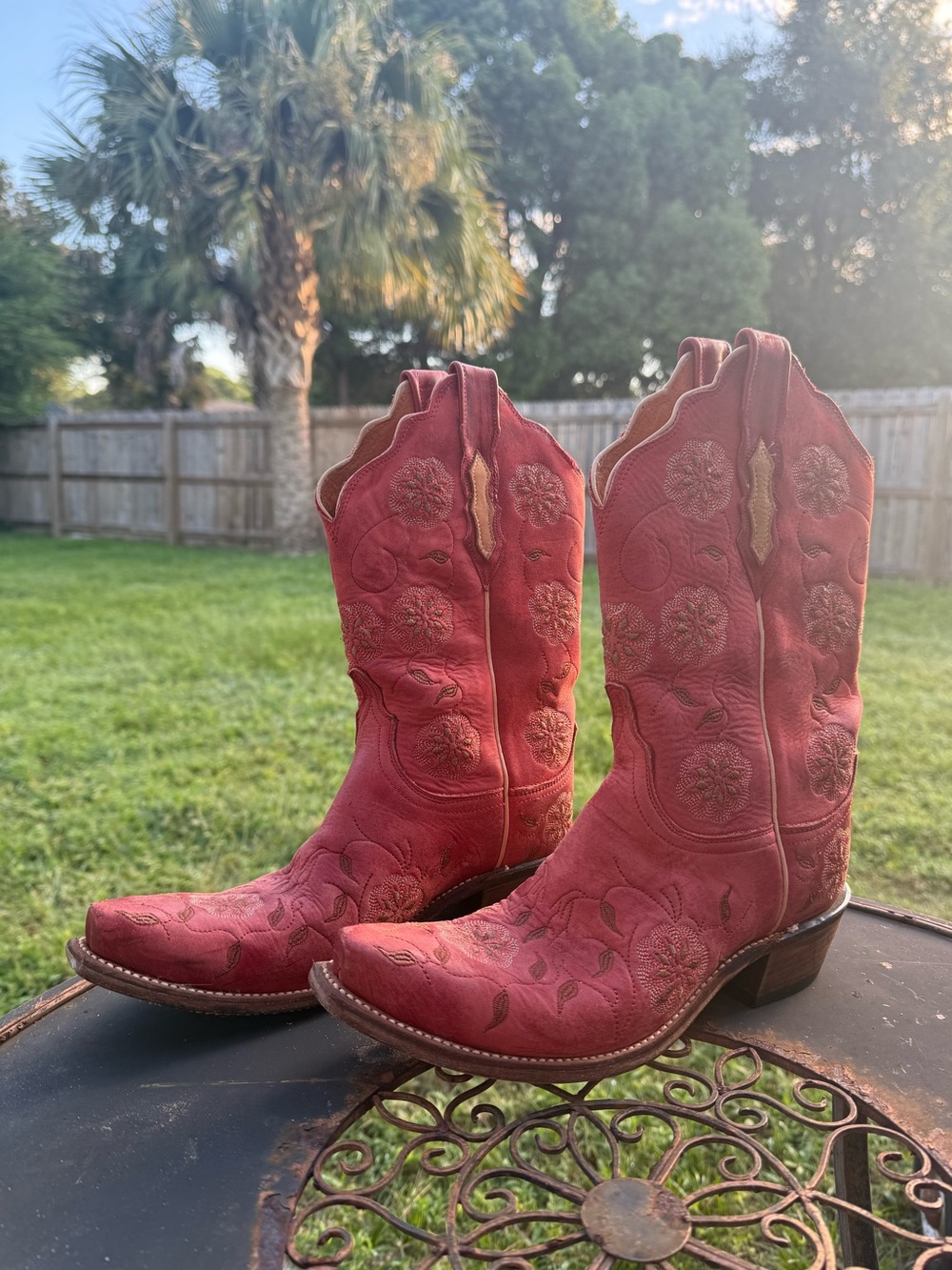 Lucchese Red Floral Embroidered Cowboy Boots